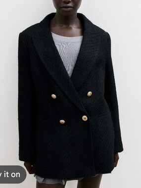 H&M Black Double-Breasted Textured Blazer with Gold Buttons